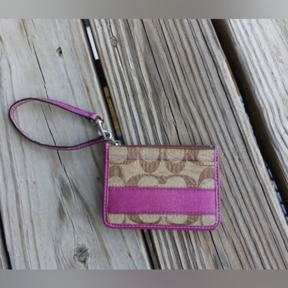 Coach Signature Striped Wristlet Plum Purple